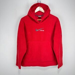 Vintage Nike Center Logo Fleece‎ Hoodie Women Medium Red Pockets Gray Tag